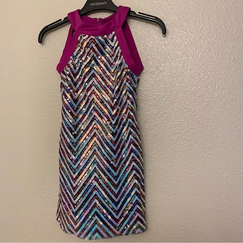 WEISSMAN Dance Costume hot pink shift chevron sequin Into The Groov 12846 IC 7/8
